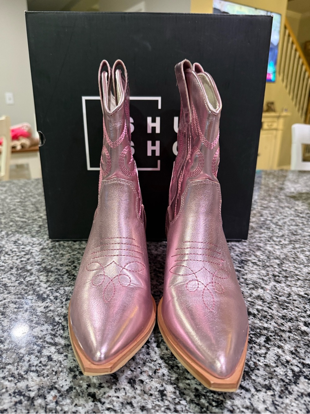 ShuShop Metallic Rose Pink Western Ankle Boots